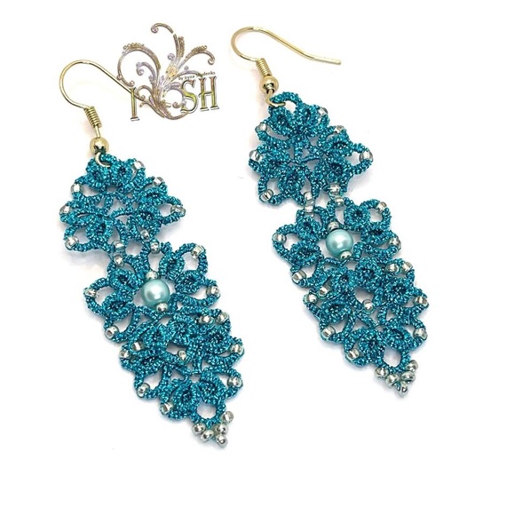 Tatting Earrings - Turquoise - Picture 2 of 4